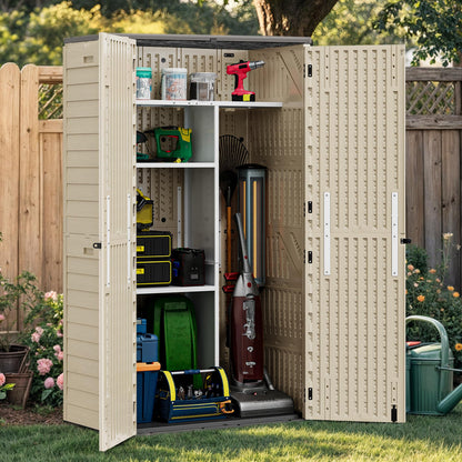 YITAHOME 60 cuft Vertical Outdoor Storage Shed w/o Shelf, Large Waterproof Storage Cabinet for Garden Shed, Tall Outdoor Storage Shed for Garage, Pool Storage, Resin, Lockable, Khaki & Brown