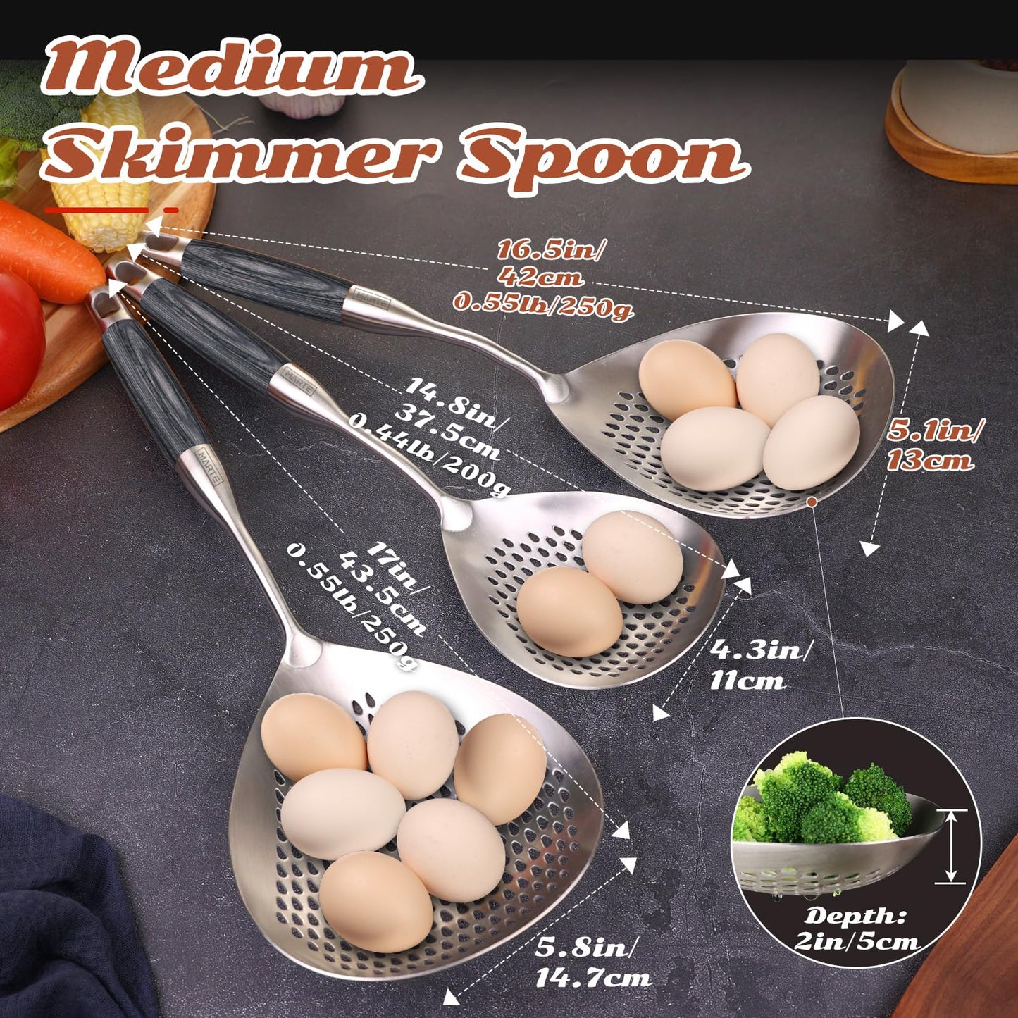 Skimmer Slotted Spoon -16.5in 304 Stainless Steel Pasta Spider Strainer Skimmer Ladle Spoon for Cooking and Frying - Kitchen Metal Scoop Colander Strainer Spoon with Heat Resistant Black Wooden Handle