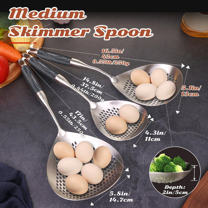 Skimmer Slotted Spoon -16.5in 304 Stainless Steel Pasta Spider Strainer Skimmer Ladle Spoon for Cooking and Frying - Kitchen Metal Scoop Colander Strainer Spoon with Heat Resistant Black Wooden Handle