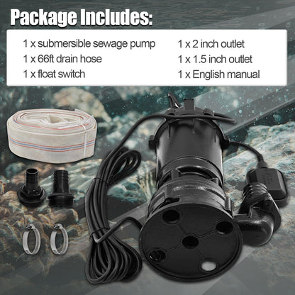 Dewinston 2HP 220V Submersible Sump Pump, 6498GPH Cast Iron Sewage/Effluent Pump 1500w with Automatic Float Switch and 66ft Hose for Sump Basin, Basement, Residential Sewage, 2'' NPT Discharge