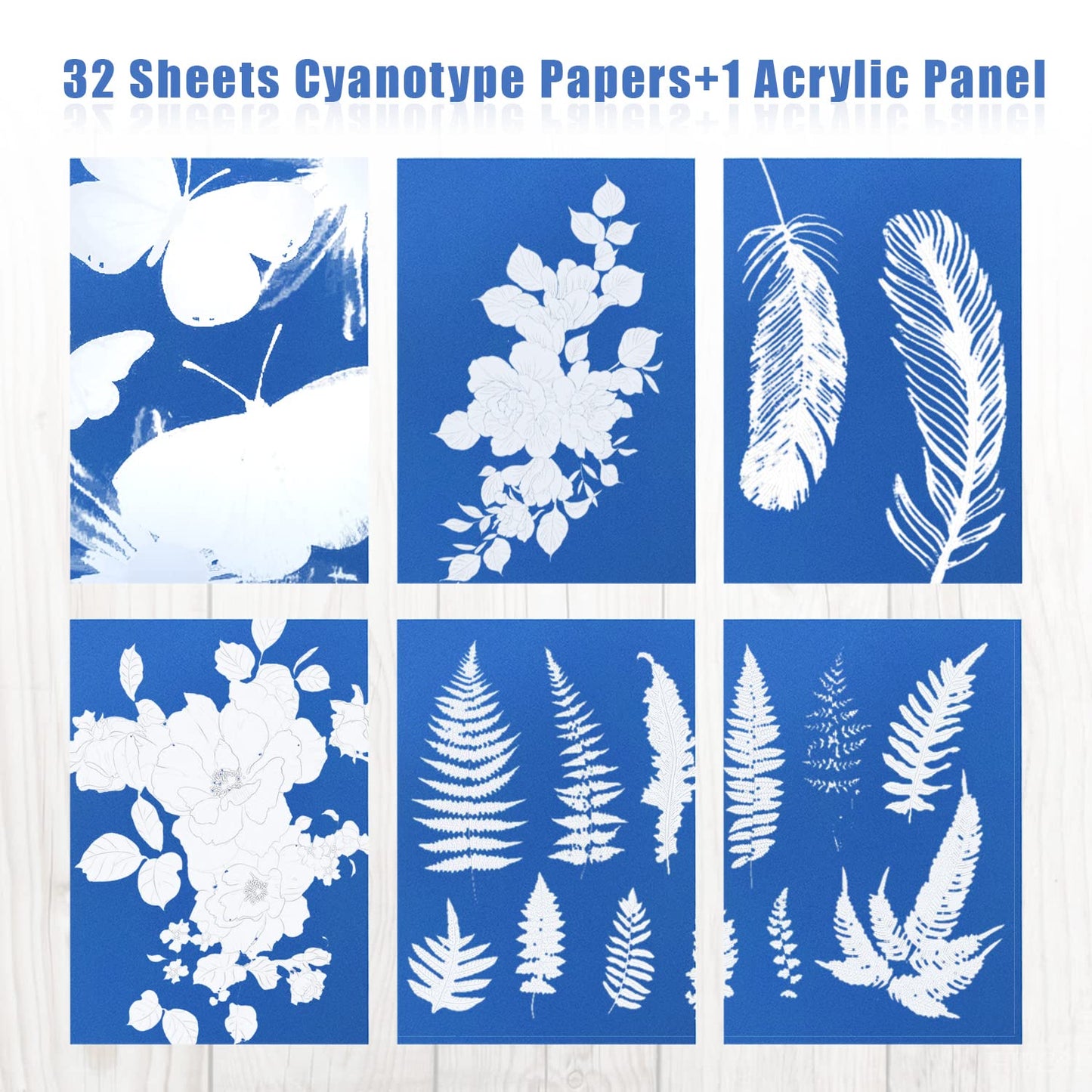 KINBOM 32pcs Cyanotype Paper, Sun Print Paper Light Sensitive Paper Photography with Acrylic Sheet for DIY Crafts Projects