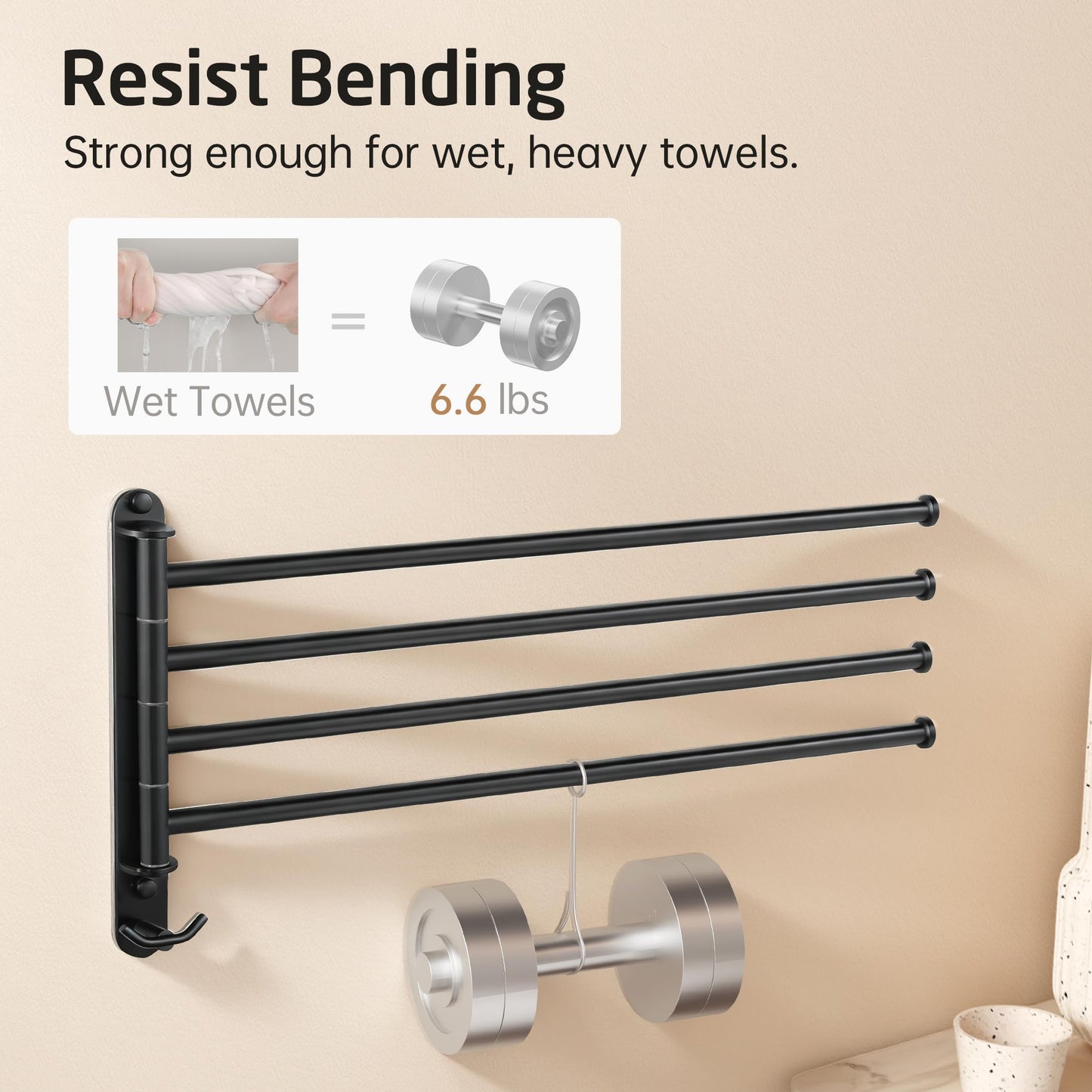 KES Extra Long 19.5" Swivel Towel Rack, Black Swing Arm Towel Bar 4-Arm, Swing Out Towel Rack for Bathroom Wall, Hand Towel Racks Wall Mounted 18/8 Stainless Steel Matte Black, A2103S4L50-BK