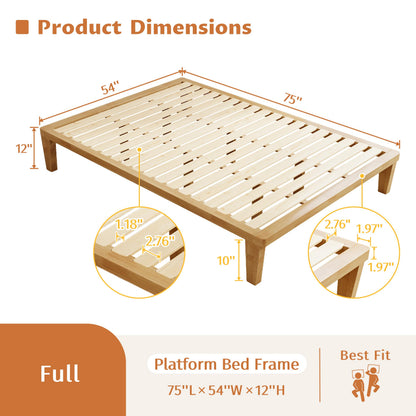 IOTXY Full Platform Bed Frame - 12 Inch Solid Wood Mattress Foundation Base with Heavy-Duty Support Slats & Legs, Rubberwood Full-Size Bedframe