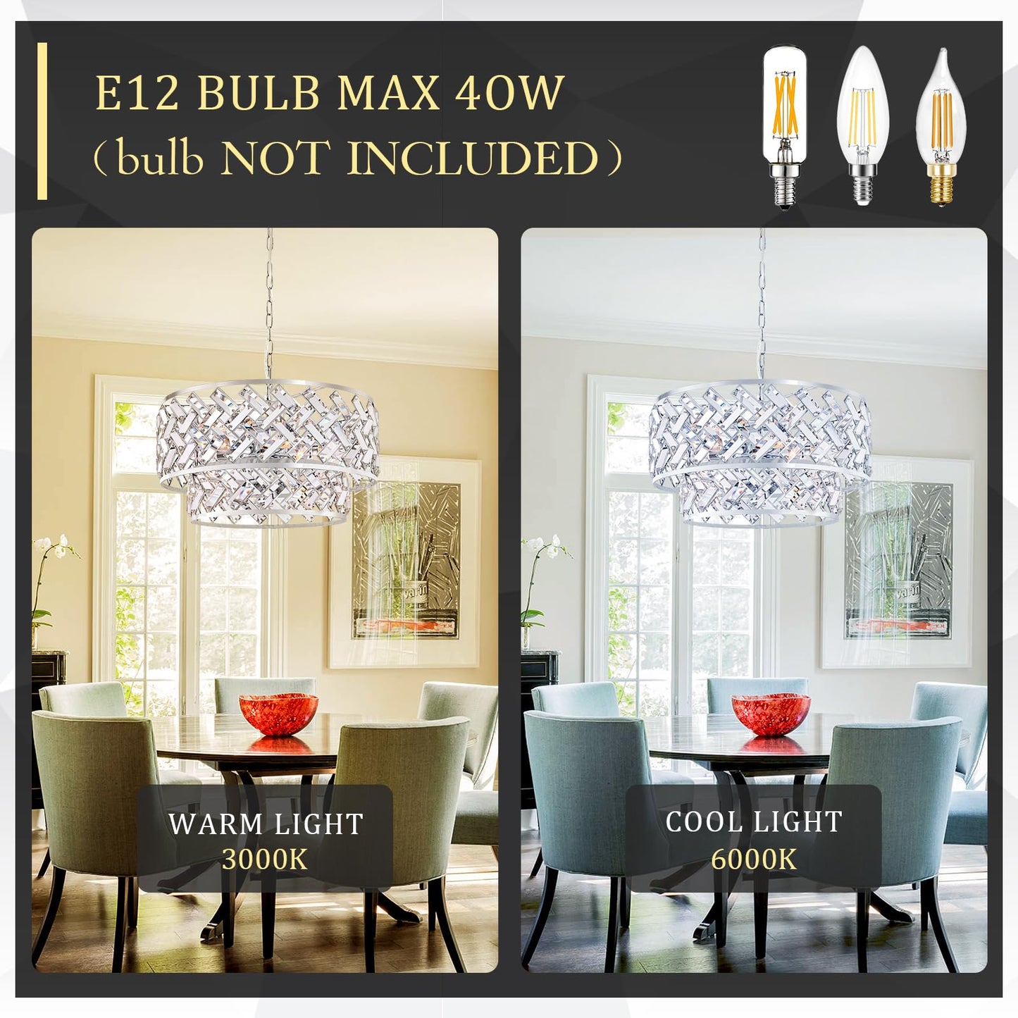 20'' Modern 6-Light Chrome Crystal Pendant Chandelier, Luxury Round Semi Flush Mount Ceiling Light for Living Room, Dining Room, Kitchen, Foyer, Bedroom