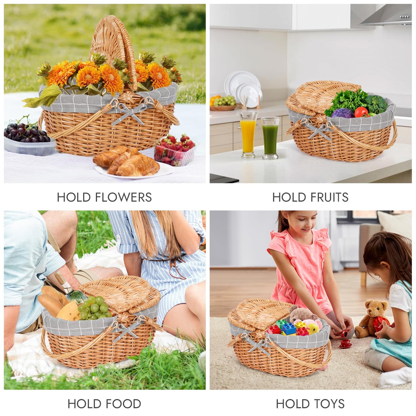 Happypicnic Wicker Picnic Basket with Handle, 15" Large Empty Picnic Basket with Lid & Removable Liner, Vintage Hand Woven Basket for Picnics, Camping, Veg Picking, Mother's Day, Thanksgiving (Check)