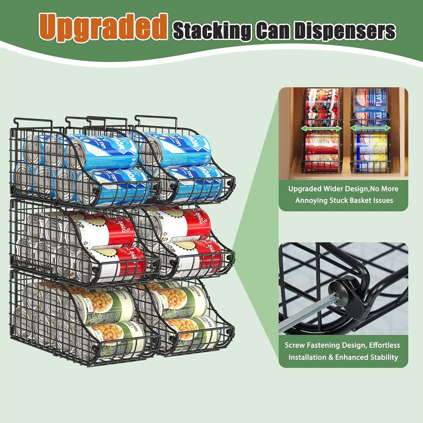 Sonyabecca 4-Pack Stackable Canned Food Organizer with Handles for Kitchen, Soda Can Organizer for Pantry Shelves, Wire