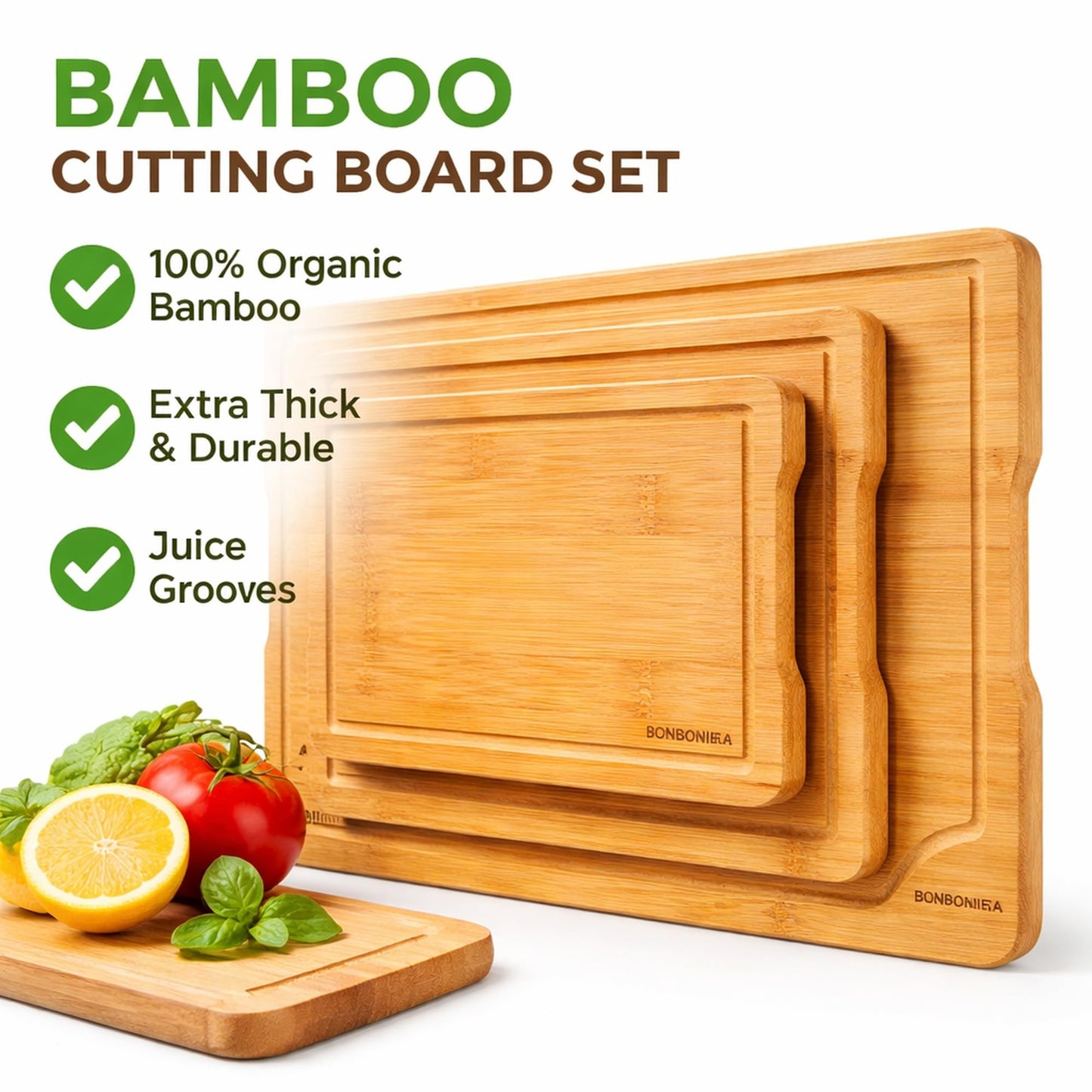 Bamboo Cutting Board Set of 3 – Wooden Kitchen Cutting Boards for Kitchen. Non-Toxic, Knife-Friendly, Durable Chopping Boards for Meat, Vegetables & Serving. Wood Cutting Board, Cutting Board Wood Set