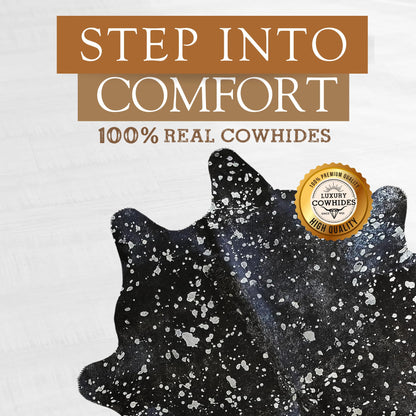 Sunshine Cowhides 100% Genuine Metallic Silver on Dyed Black Cowhide Rug - Modern Style Animal Skin Rug & Floor Carpet for Living Room, Bedroom, Kitchen & More - Extra Large (6x7-8 Ft.)