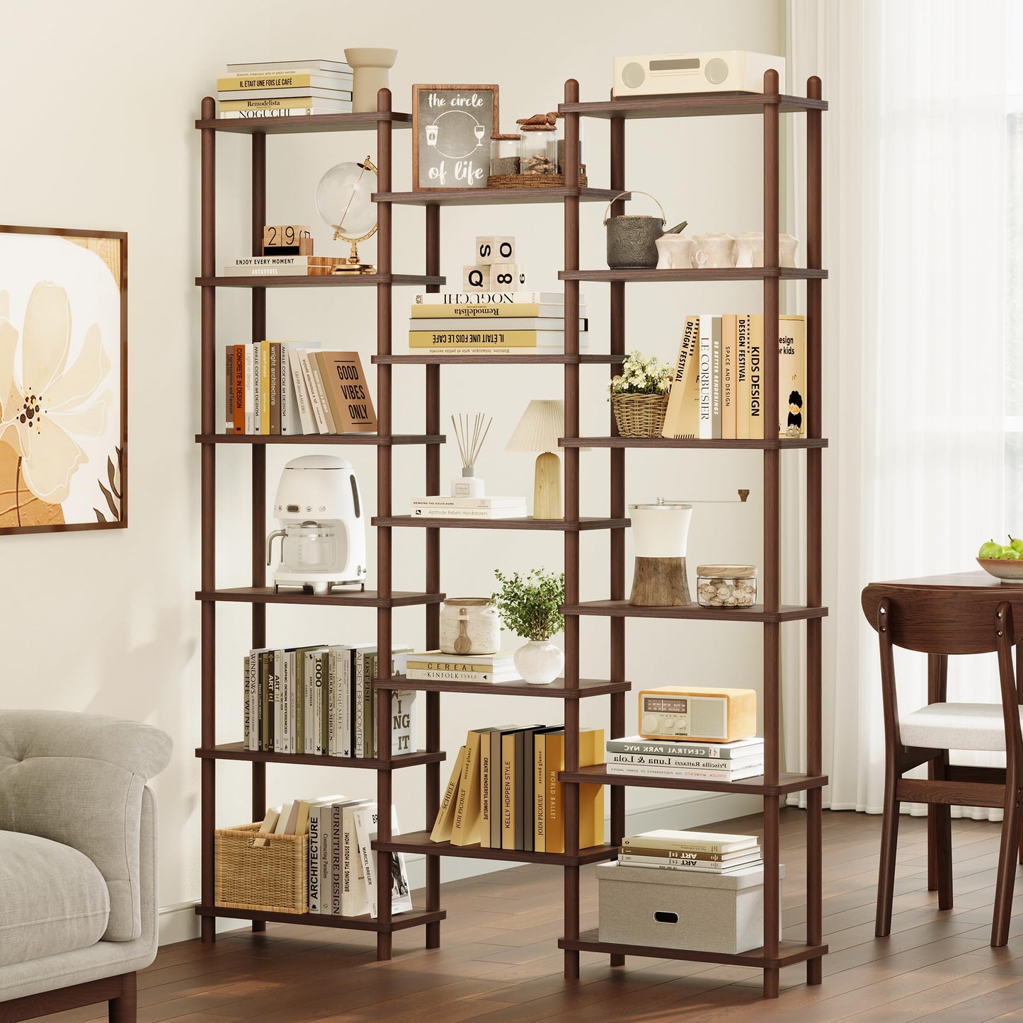 IOTXY Wooden Triple Wide Bookshelf - 6-Tier Large Shelf Bookcase with Solid Beech Frame, Tall Freestanding Open Etagere Display Rack for Home Office, Walnut