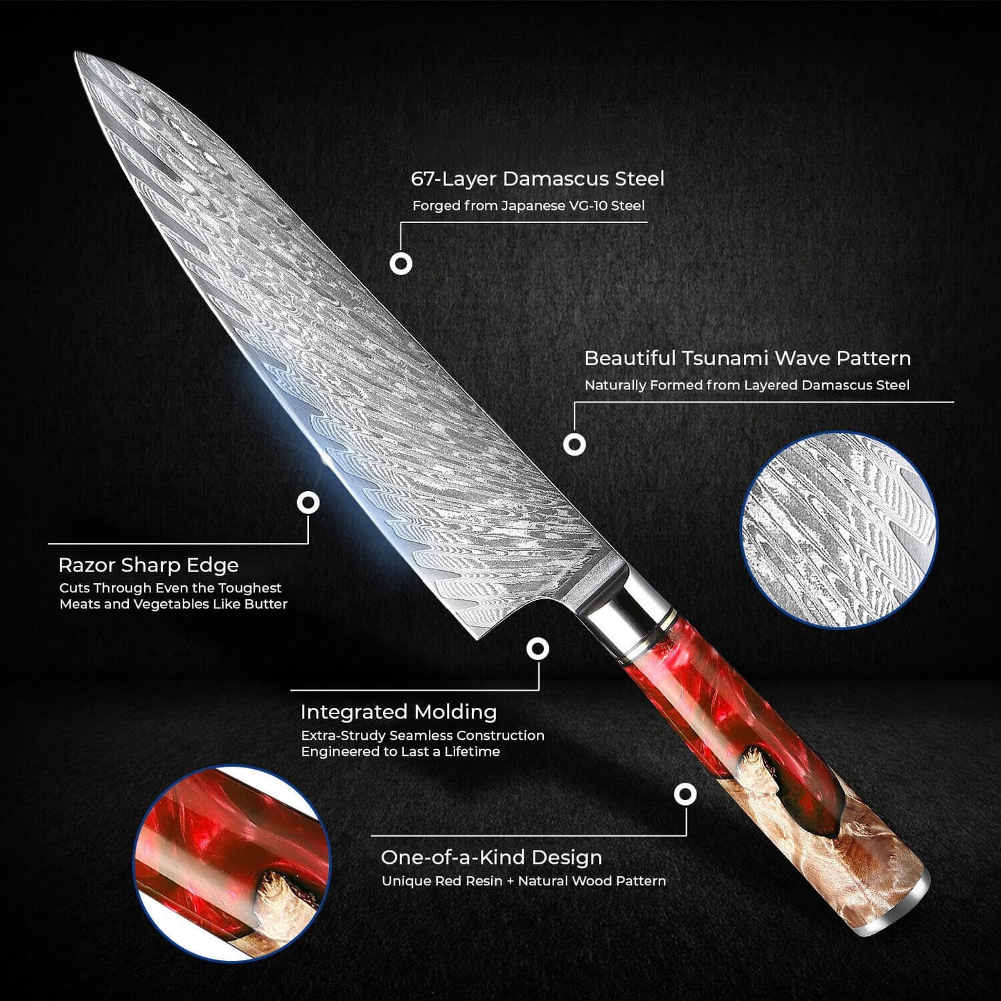 SENKEN 7-Piece Damascus Kitchen Knife Set - Tsunami Collection - 67-Layer Japanese VG10 Steel - Chef's Knife, Cleaver, Santoku, Bread, Boning, & More (Red Resin Blend)