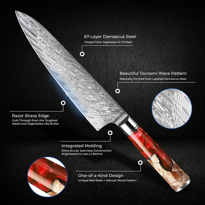 SENKEN 7-Piece Damascus Kitchen Knife Set - Tsunami Collection - 67-Layer Japanese VG10 Steel - Chef's Knife, Cleaver, Santoku, Bread, Boning, & More (Red Resin Blend)