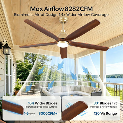 YZEENM 60 Inch Ourdoor Gold Ceiling Fan with Light, 5 Walnut Wood Blade Damp-Rated, Indoor Exterior High CFM Propeller for Patio Farmhouse, 6 Speeds Quiet Reversible DC Motor, for Living Room Porch
