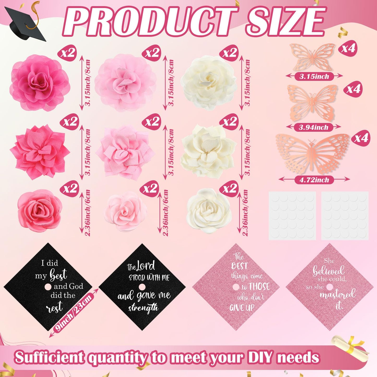 Gersoniel 34 Pcs DIY Graduation Cap Decorations Kit Included Artificial Flowers Inspirational Cardstock 3D Butterfly Alphabet Letter Stickers for 2026 Grad Party DIY Hat Grad Cap Topper(Pink)