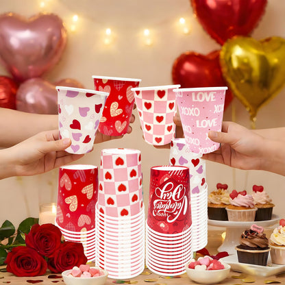 YQUQWN 50Pcs Valentine Paper Cups 9oz – 5 Heart Designs Disposable Valentine Cups Red Paper Party Drinkware for Coffee Juice Weddings Gatherings