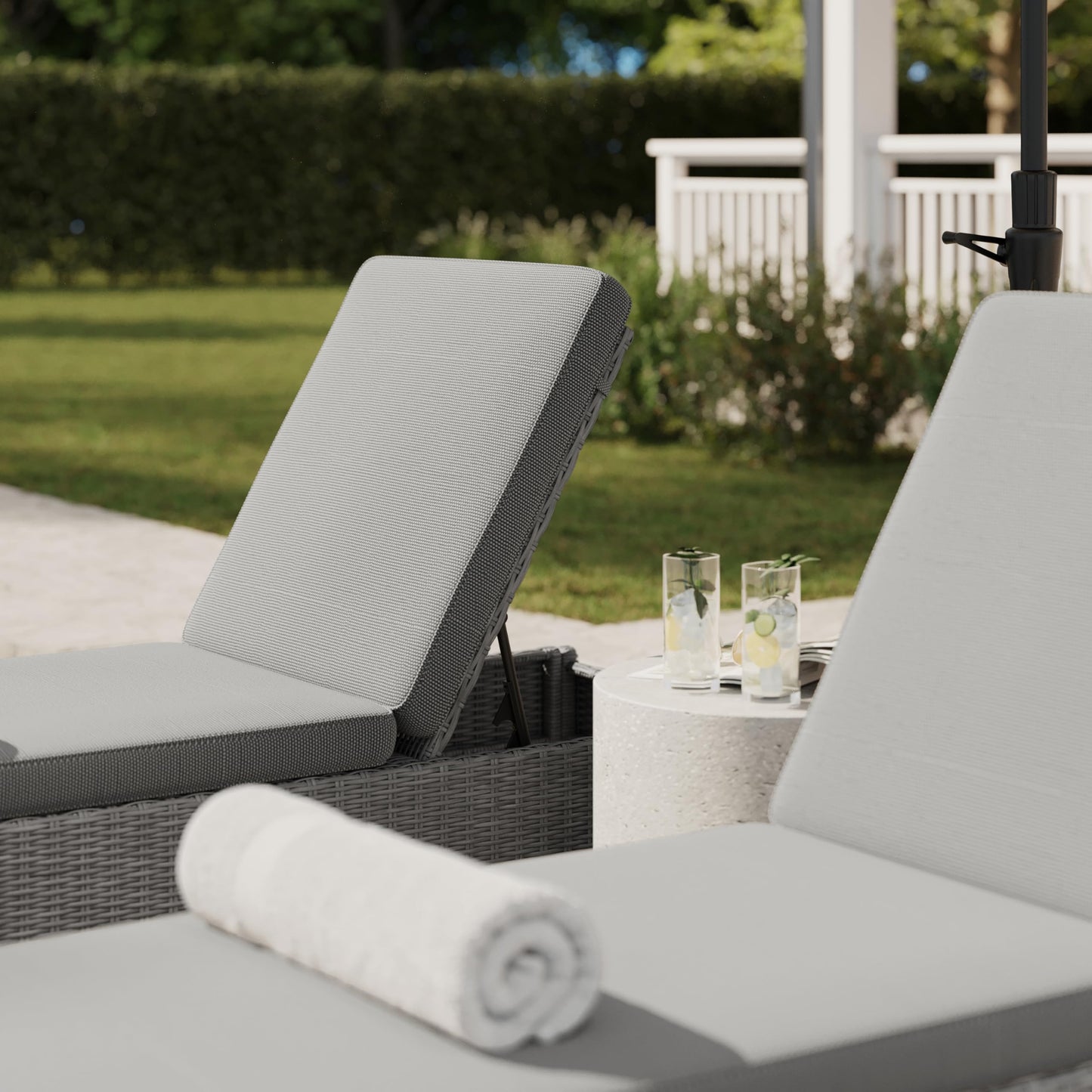 Martha Stewart Bedford Indoor-Outdoor Patio Chaise Lounge Chair with Adjustable Back and Rattan Wicker Finish in Gray with Gray All-Weather Cushions