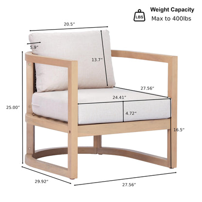 Merax Outdoor Acacia Wood Club Armchair wtih Coushions Set of 2, Patio Sofa Chair with Rattan-Woven Back, Sturdy Base for Porch, Lawn, Backyard, Balcony, Light Teak