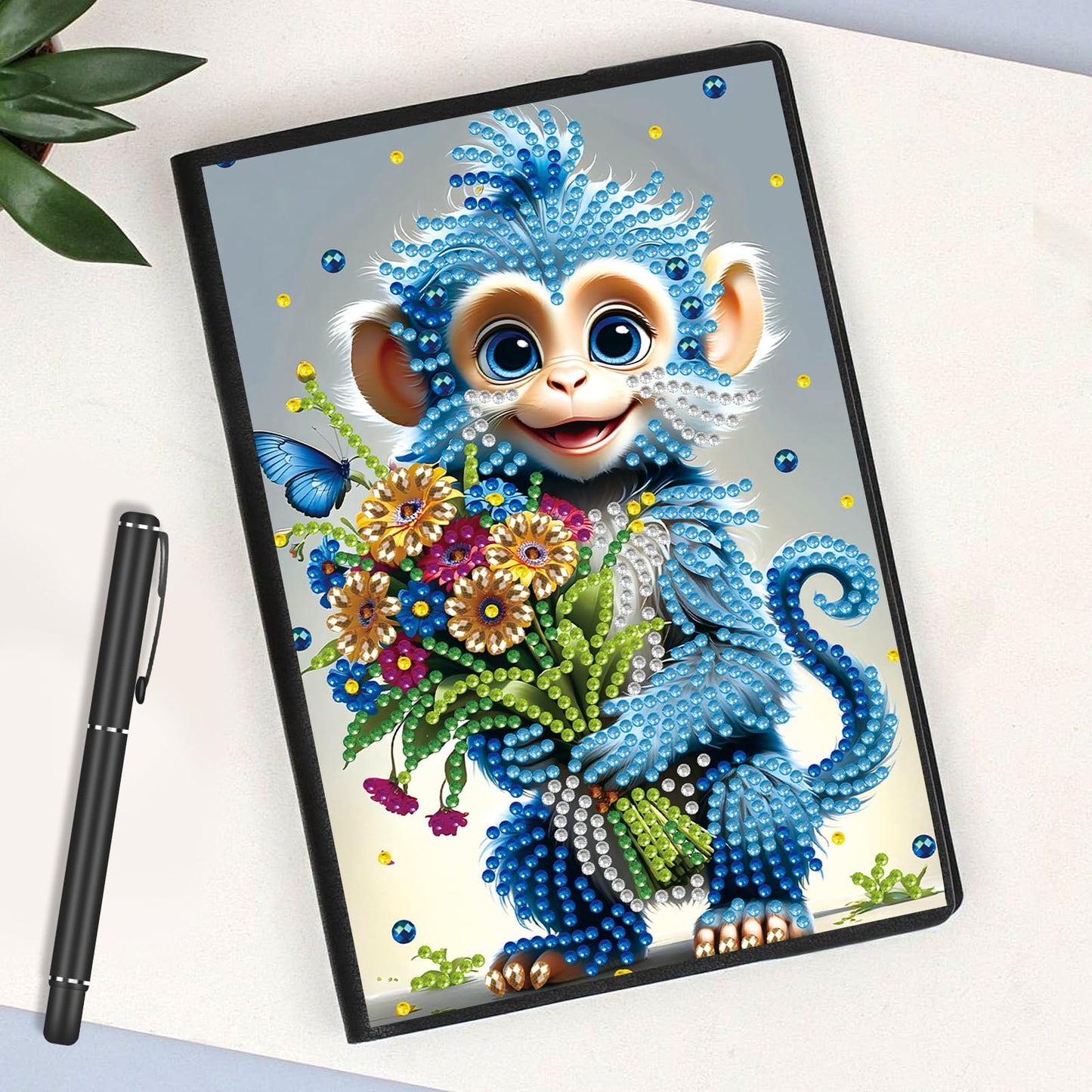 JISHSHAY Diamond Painting Notebook Journal Monkey Diamond Art Note Book Animal Gem Art Sketchbook Mosaic Kits for Adults Diary Gem Painting Leather Journal with Special Shaped Drills 5.7×8.26in
