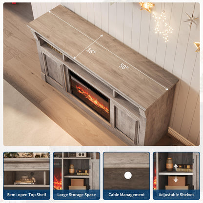 GarveeLife 58" Fireplace TV Stand for TVs Up to 65, Modern Farmhouse Entertainment Center with 30'' Electric Fireplace, Remote Control Realistic 3D Flame, Media Console with Storage Shelves, Gray