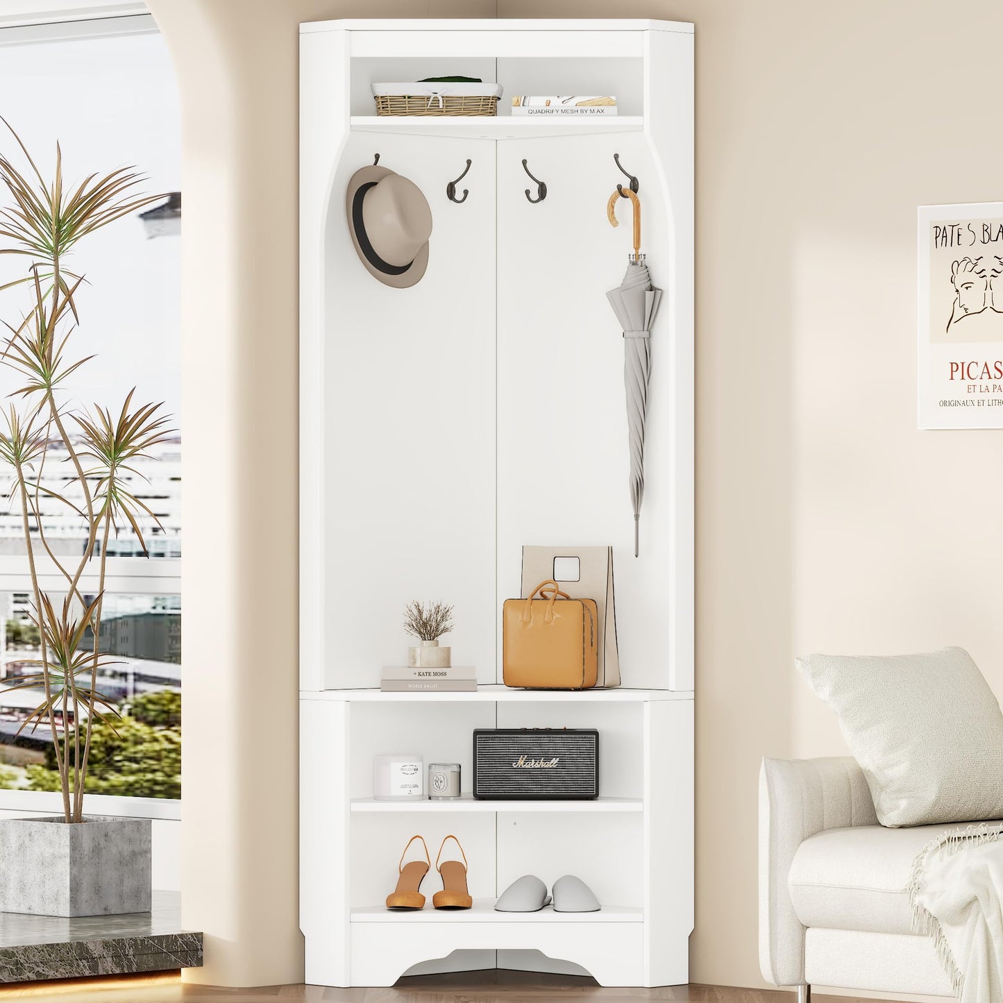 Minimalist Corner Hall Tree with Shoe Bench and 4 Hanging Hooks,Multi-Functional Entryway Coat Rack with Shoe Shelf,Corner Cabinet with Adjustable Shelf for Hallway, Living Room,Black (White, Corner)