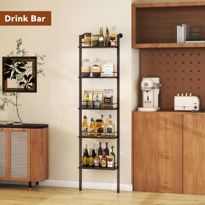 YMYNY 5-Tier Freestanding Wine Racks，Liquor Bottle Display Shelf with Fences, Wall Mounted Floating Shelf Storage Stand for Kitchen, Dining Room, 16.93" L x 7.87" W x 69.68" H Black UHWR001B
