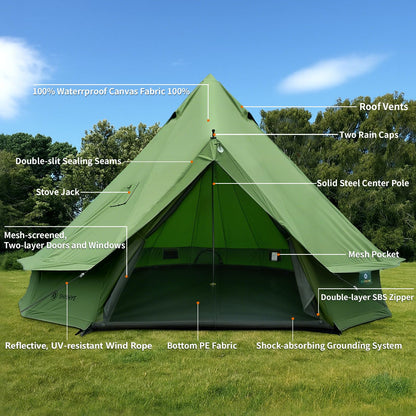 Canvas Bell Yurt Tent with Stove Jack, Waterproof Luxury 4 Season Tents for Family Outdoor Camping 100% Cotton Green Glamping Tents for Hunting, Partie, All Year Living (4M- 173 sq. ft yurt)