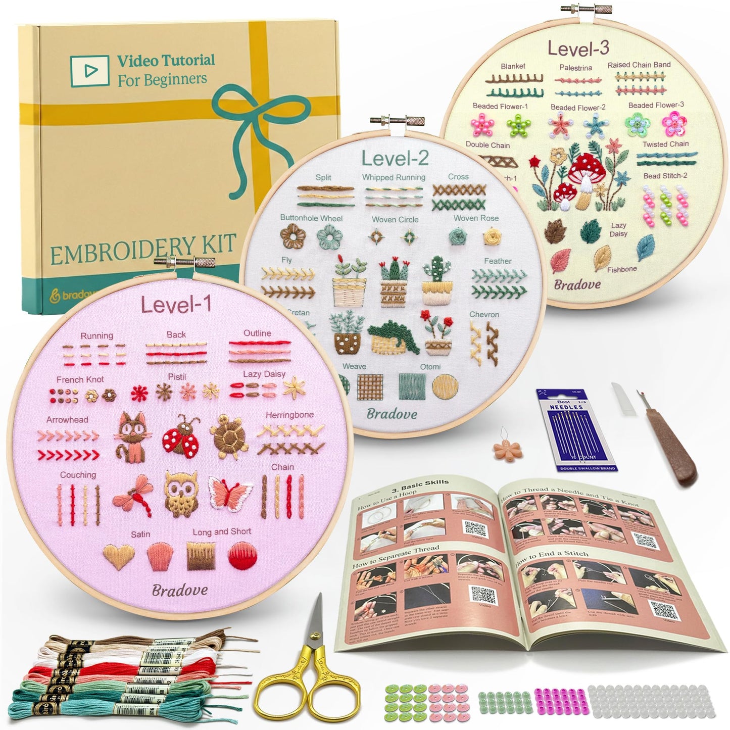 Bradove Beginner Embroidery Kit for Adults Kids, Learn to Embroider 37 Stitches and 13 Cute Patterns, Beginner Embroidery Practice