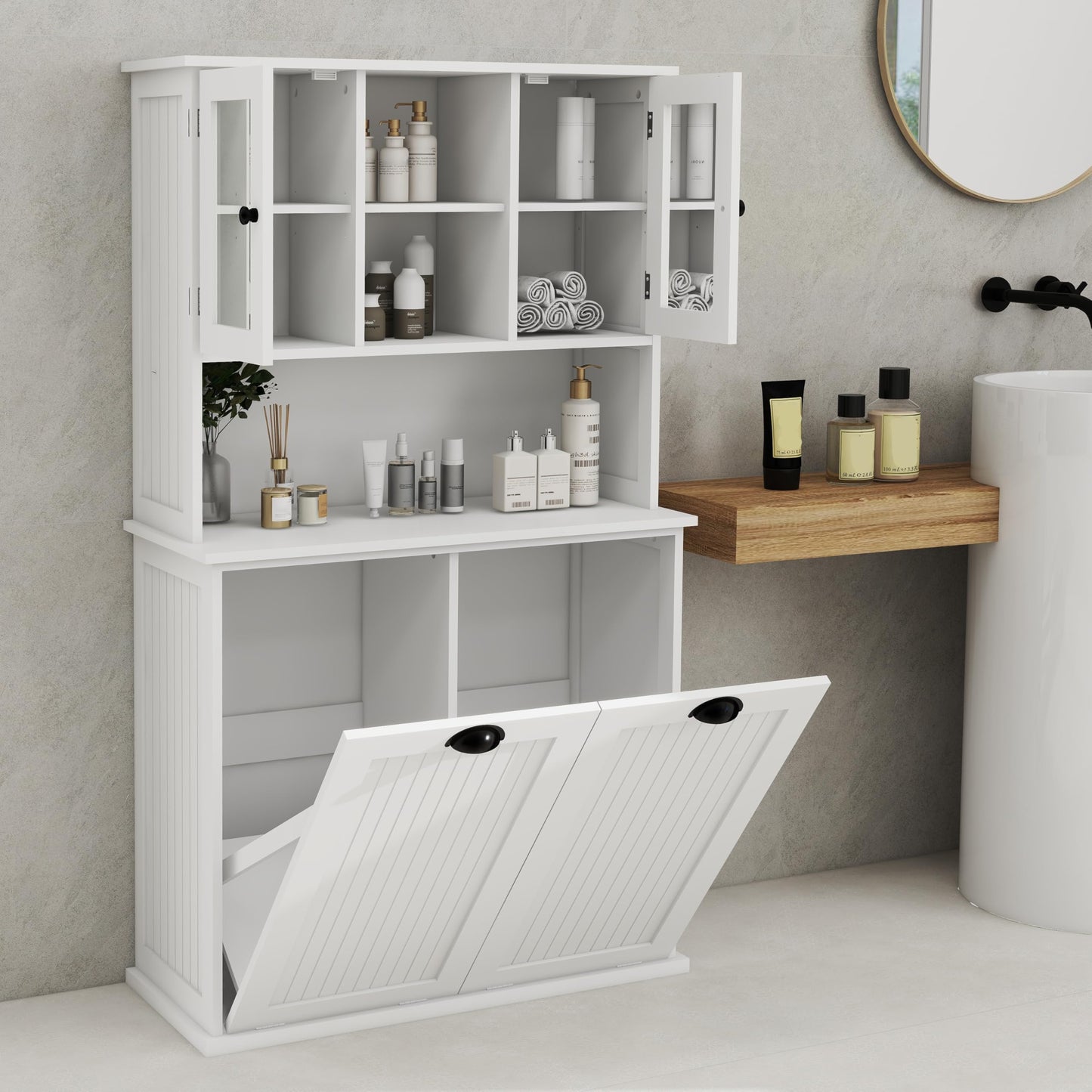 Amacv Two-Compartment Tilt-Out Dirty Laundry Basket Tall Bathroom Cabinet with 2 Adjustable Shelves-White