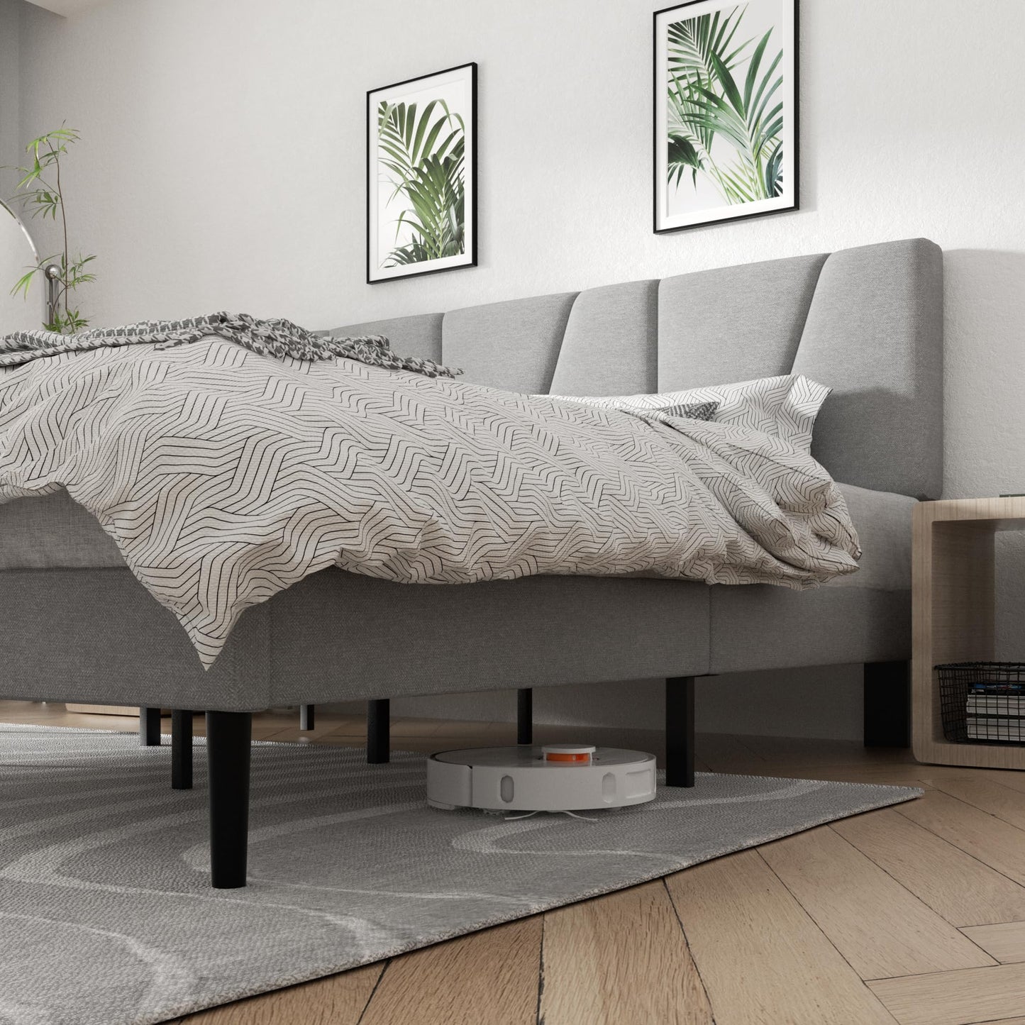 CXVX King Size Platform Bed Frame with Geometric Upholstered Headboard, Noise Free, Wooden Slats Support, No Box Spring Needed, Easy Assembly, Light Grey, Linen