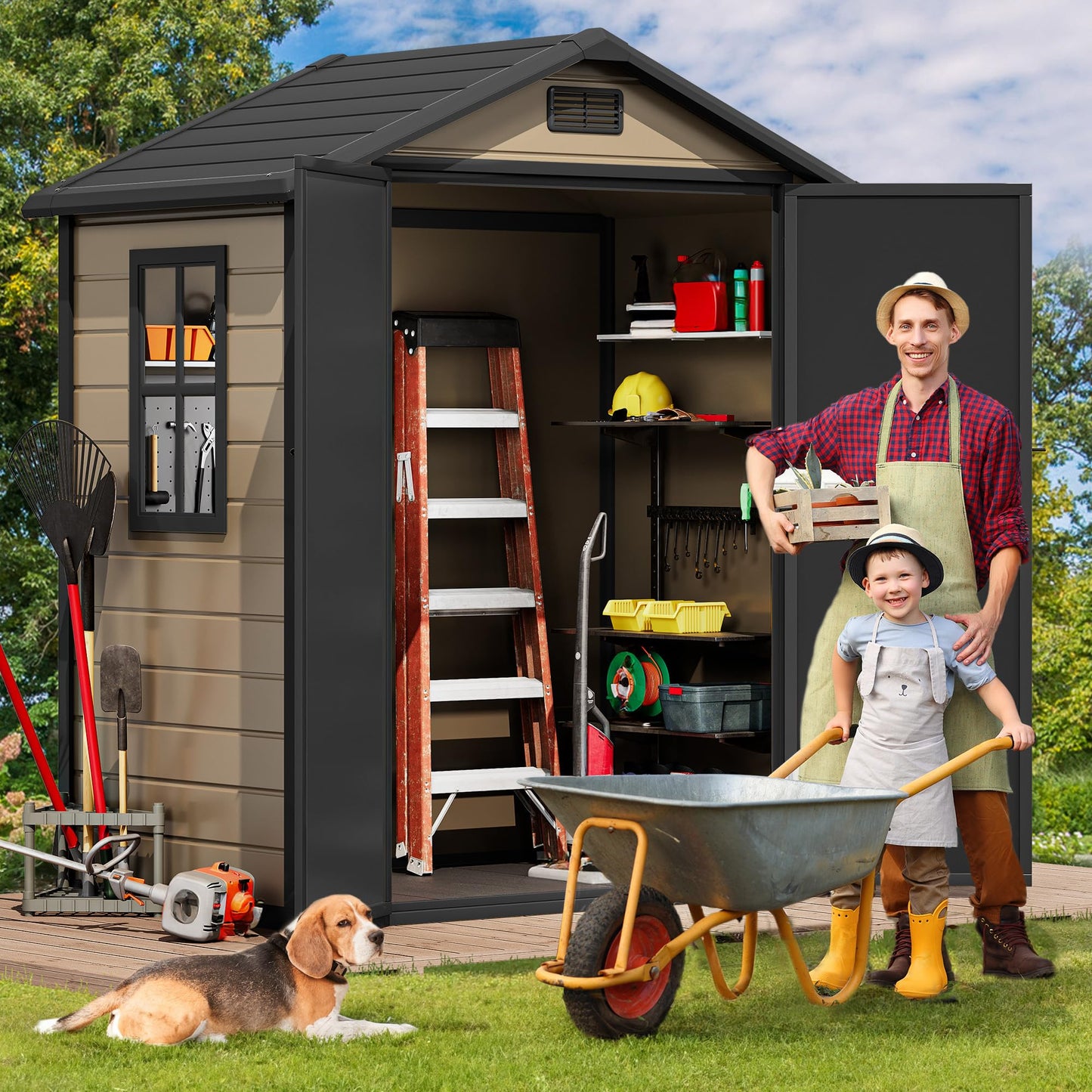DWVO 6x4 FT Resin Storage Shed with Floor, Outdoor Storage Shed with Lockable Door, Window and Vents, Waterproof Plastic Tool Storage for Garden, Backyard, Patio, Lawn, Brown