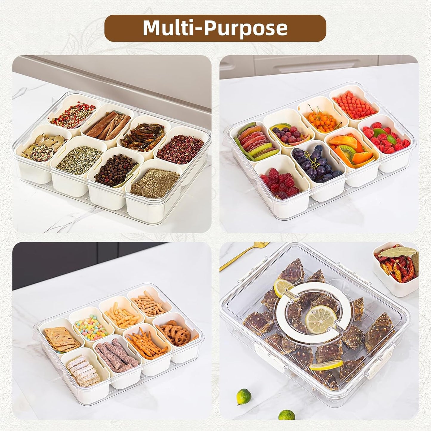 Snackle Box Charcuterie Container - Divided Serving Tray with Lid and Handle, 8 Compartment Portable Snack Box
