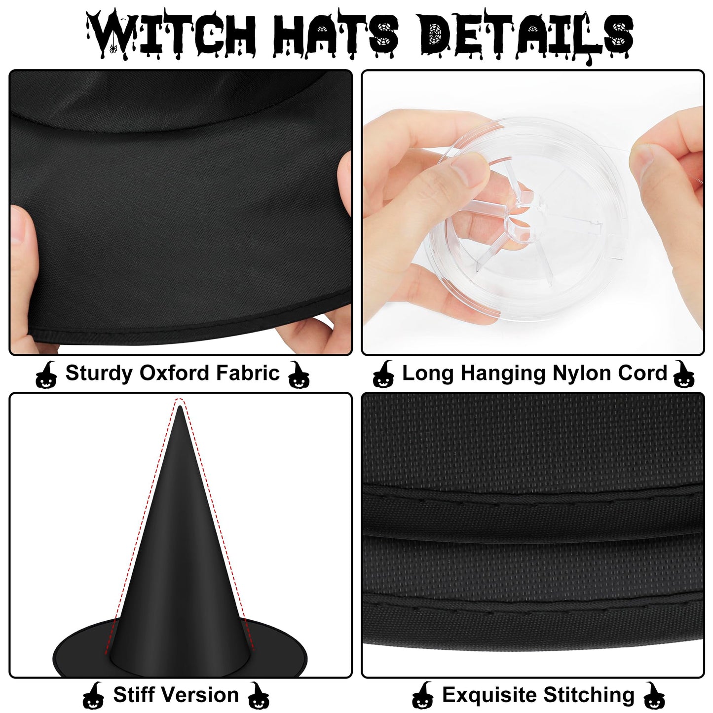 Helimoto 12 PCS Halloween Witch Hats, Black Hanging Witch Hats, Witch Costume Accessories Witches Hat with 328 FT Nylon Cord Wizard Hats Indoor Outdoor Halloween Decorations