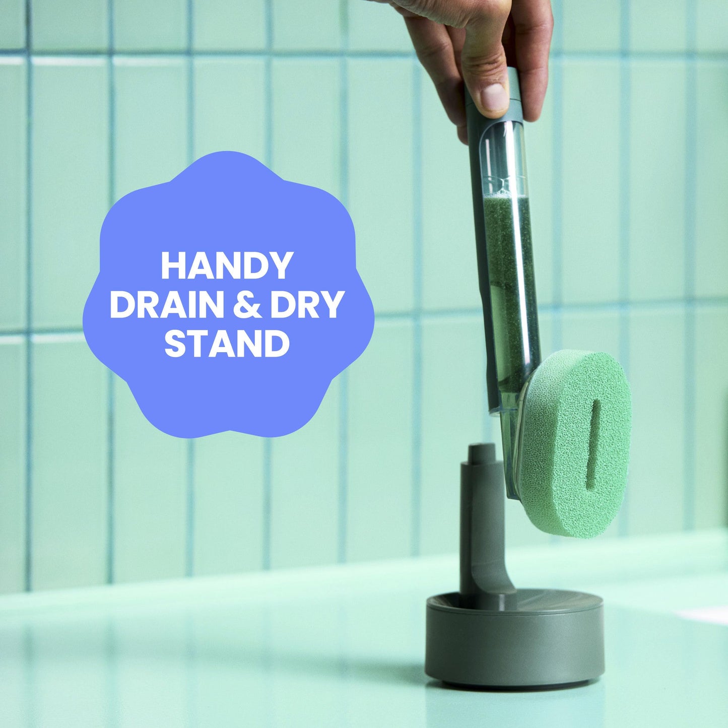 Brite by Scotch-Brite Fillable Dishwand with Drain + Dry Stand, Household and Kitchen Sponge for Washing Dishes, 1 Dish Wand with Soap Dispenser