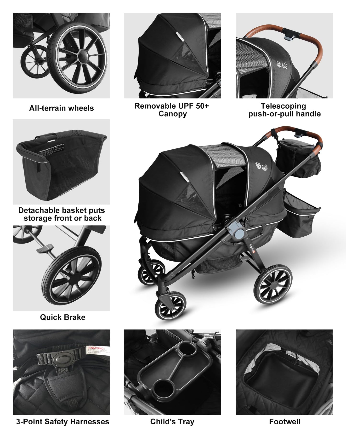 Freetex Wagon Stroller for 2 Kids, Double Seat, All-Terrain with Removable UV-Protection Canopy, Adjustable Push/Pull Handle, Cup Holders & Snack Tray for Baby and Toddler