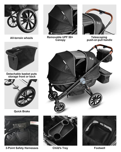 Freetex Wagon Stroller for 2 Kids, Double Seat, All-Terrain with Removable UV-Protection Canopy, Adjustable Push/Pull Handle, Cup Holders & Snack Tray for Baby and Toddler