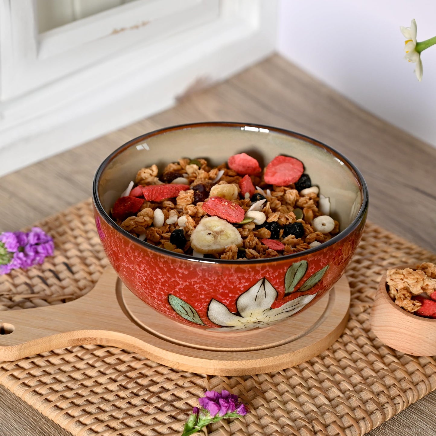 Ceramic Cereal Bowls Set of 6, Floral Design 6 inch – 28oz for Cereal, Salad, Soup, Dessert, or Snacks, Microwave, Dishwasher Safe