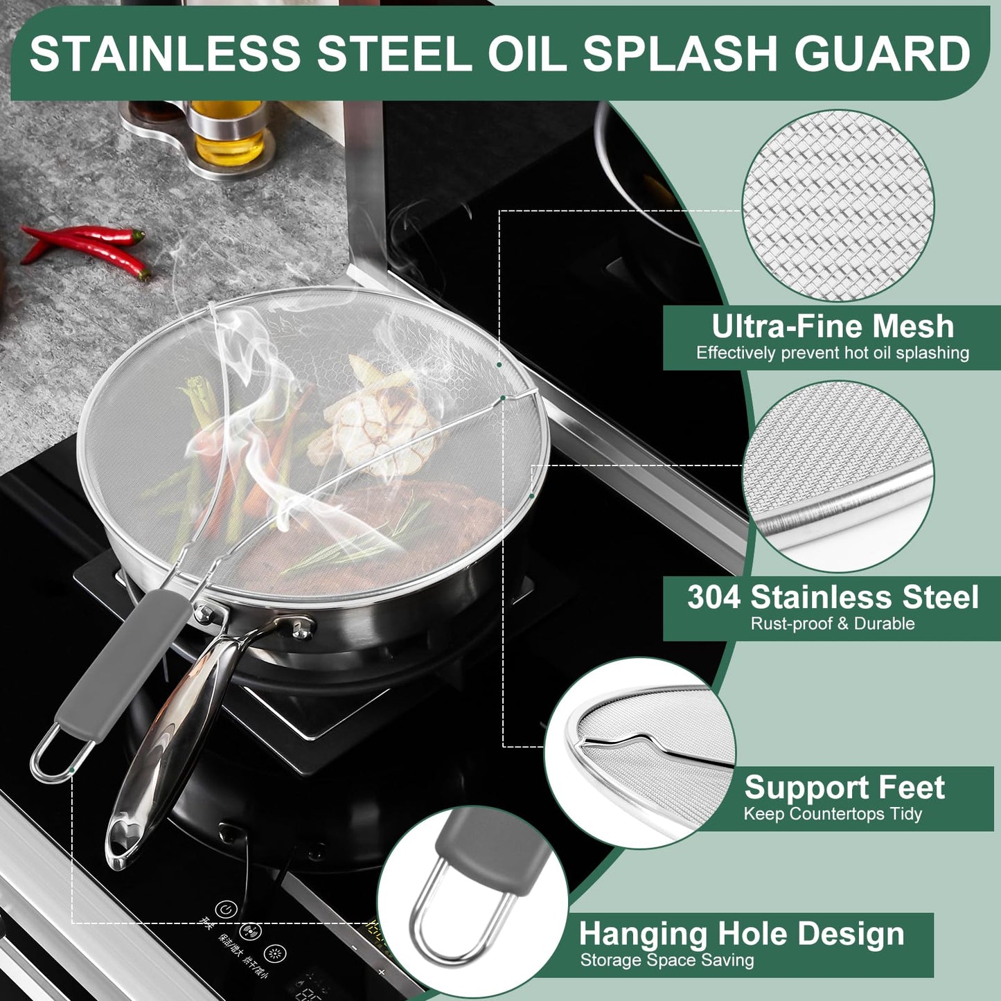 Splatter Screen for Frying Pan - 9.8" 11.4" 13" Stainless Steel Fine Mesh Grease Splatter Guard with Silicone Handle, Hot Oil Splash Guard for Cooking to Prevent Oil Splatter, Safe Cooking