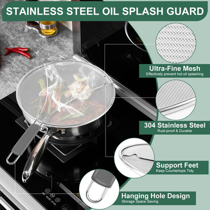 Splatter Screen for Frying Pan - 9.8" 11.4" 13" Stainless Steel Fine Mesh Grease Splatter Guard with Silicone Handle, Hot Oil Splash Guard for Cooking to Prevent Oil Splatter, Safe Cooking