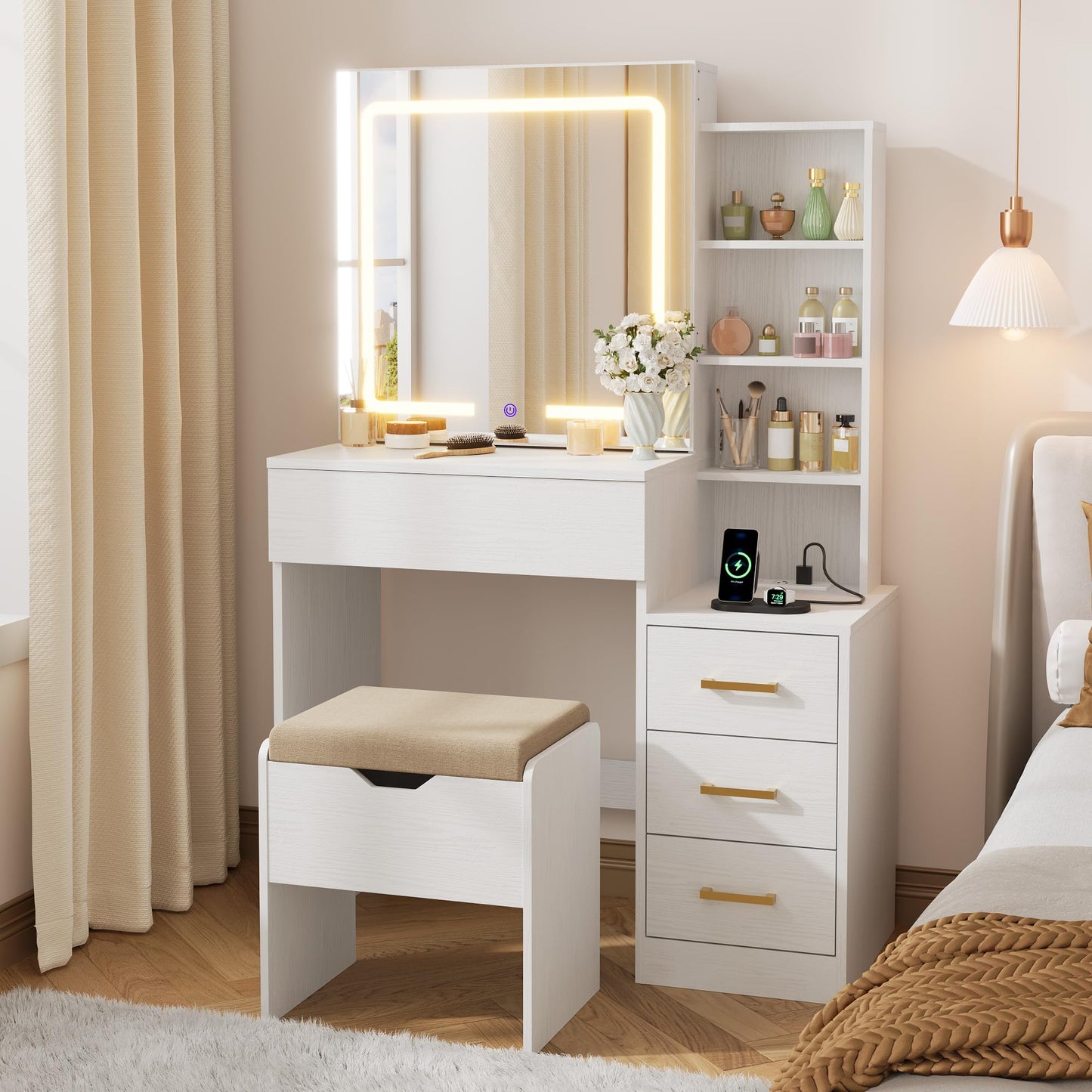 IDEALHOUSE Vanity Desk with Mirror and Lights, Vanity Table and Chair Set with 4 Drawers and Charging Station, Dresser LED Sliding Mirror with 3 Color Modes Adjustable Storage Shelves, White