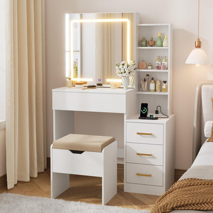 IDEALHOUSE Vanity Desk with Mirror and Lights, Vanity Table and Chair Set with 4 Drawers and Charging Station, Dresser LED Sliding Mirror with 3 Color Modes Adjustable Storage Shelves, White
