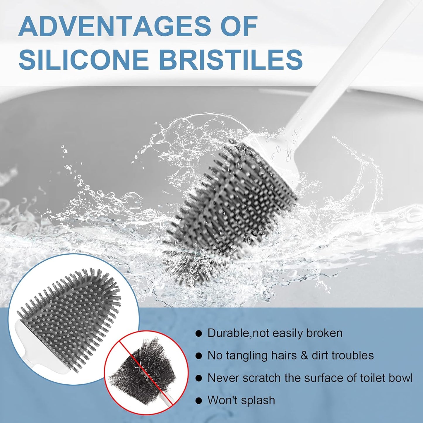 UBeesize Toilet Brush with Flexible Head, Silicone Bristles, Quick Drying Holder Set for Bathroom (15" X 4.5")