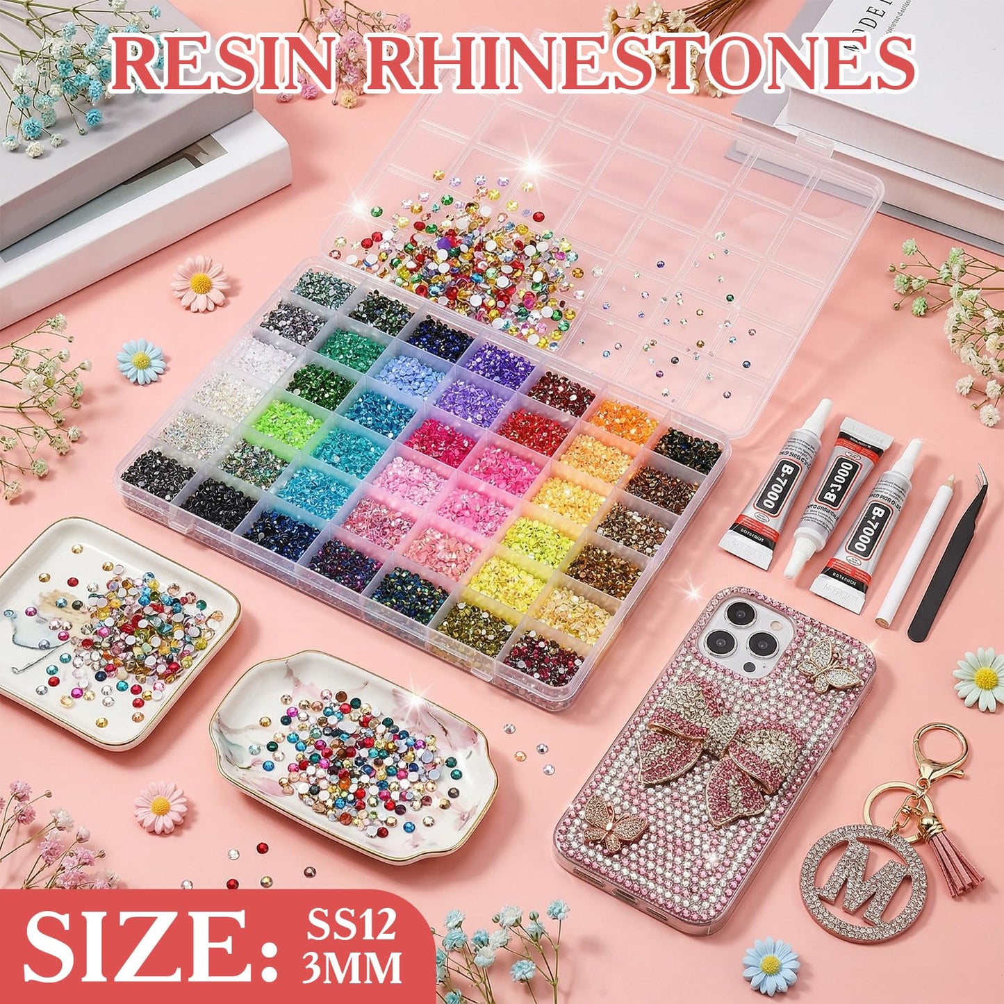 80000Pcs Bedazzling Kit with 3mm Rhinestones, 42 Colors Resin Flatback Nail Rhinestones, Bedazzler Kit with 3 B7000 Glue, Tweezers & Pen, Gems for Crafts, Clothes, Tumblers, Nail Art