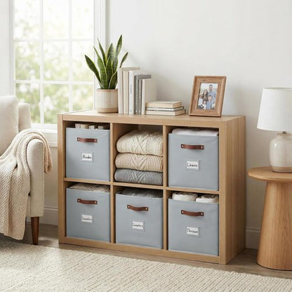 DECOMOMO Storage Cubes - 13x13x13 Fabric Organizer Bins with Labels | Set of 6 in Grey