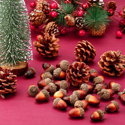 Pangda 120 Pcs Thanksgiving Artificial Acorns and Pine Cones, Christmas Small Fake Decorative Pinecones Ornaments Lifelike Simulation Small Acorn with Cap Vase Fillers for Craft Fall Xmas Decor