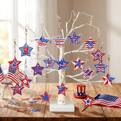 WILLBOND 30 Pcs 4th of July Diamond Art Keychain Kits for Adults Patriotic Diamond Painting Key Ring Double Sided American Flag Red White Blue Star Hanging Ornaments for Independence Day DIY Decor