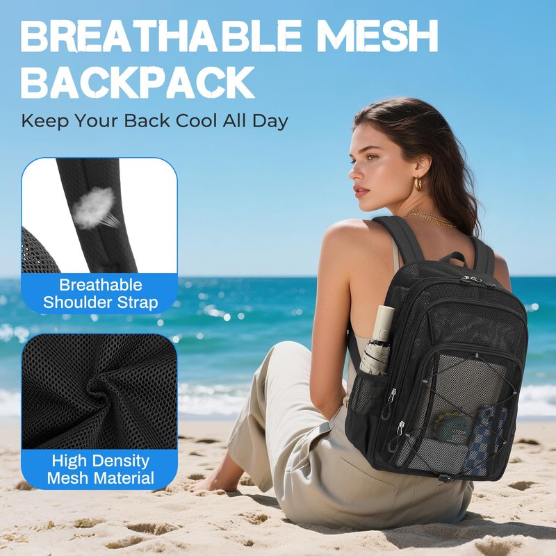 Sisipoet Mesh Backpack, Heavy Duty Mesh Bookbag for Girls Boys Kids, See Through Clear Backpacks, Net Backpack Transparent Breathable for School Beach Swim Travel Outdoor, Black