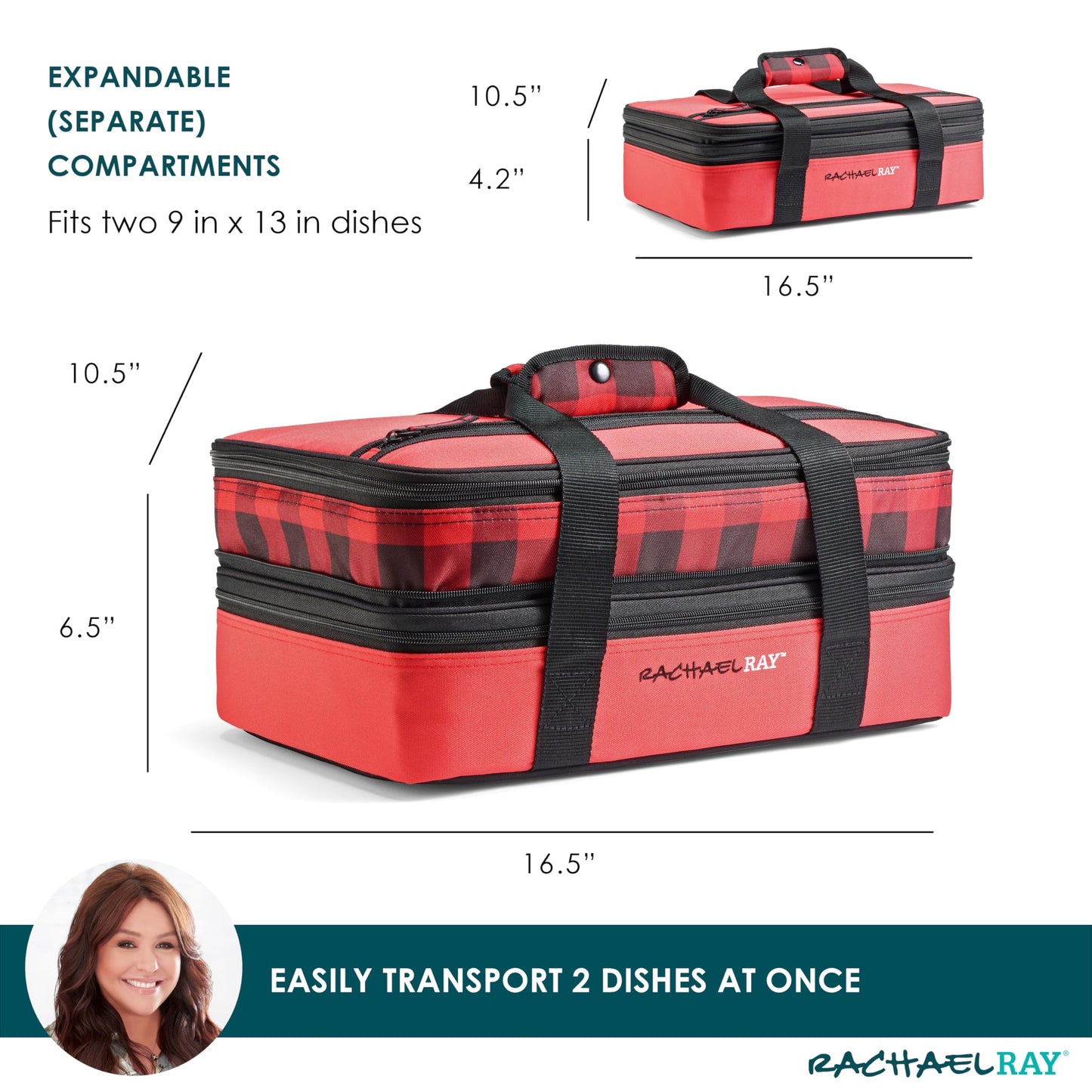 Rachael Ray Expandable Insulated Casserole Carrier for Hot or Cold Food, Thermal Lasagna Lugger Tote for Potluck, Parties, Picnic, and Cookouts, Fits 9" x 13" Baking Dish, Red Buffalo Check