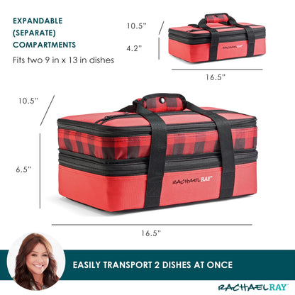 Rachael Ray Expandable Insulated Casserole Carrier for Hot or Cold Food, Thermal Lasagna Lugger Tote for Potluck, Parties, Picnic, and Cookouts, Fits 9" x 13" Baking Dish, Red Buffalo Check