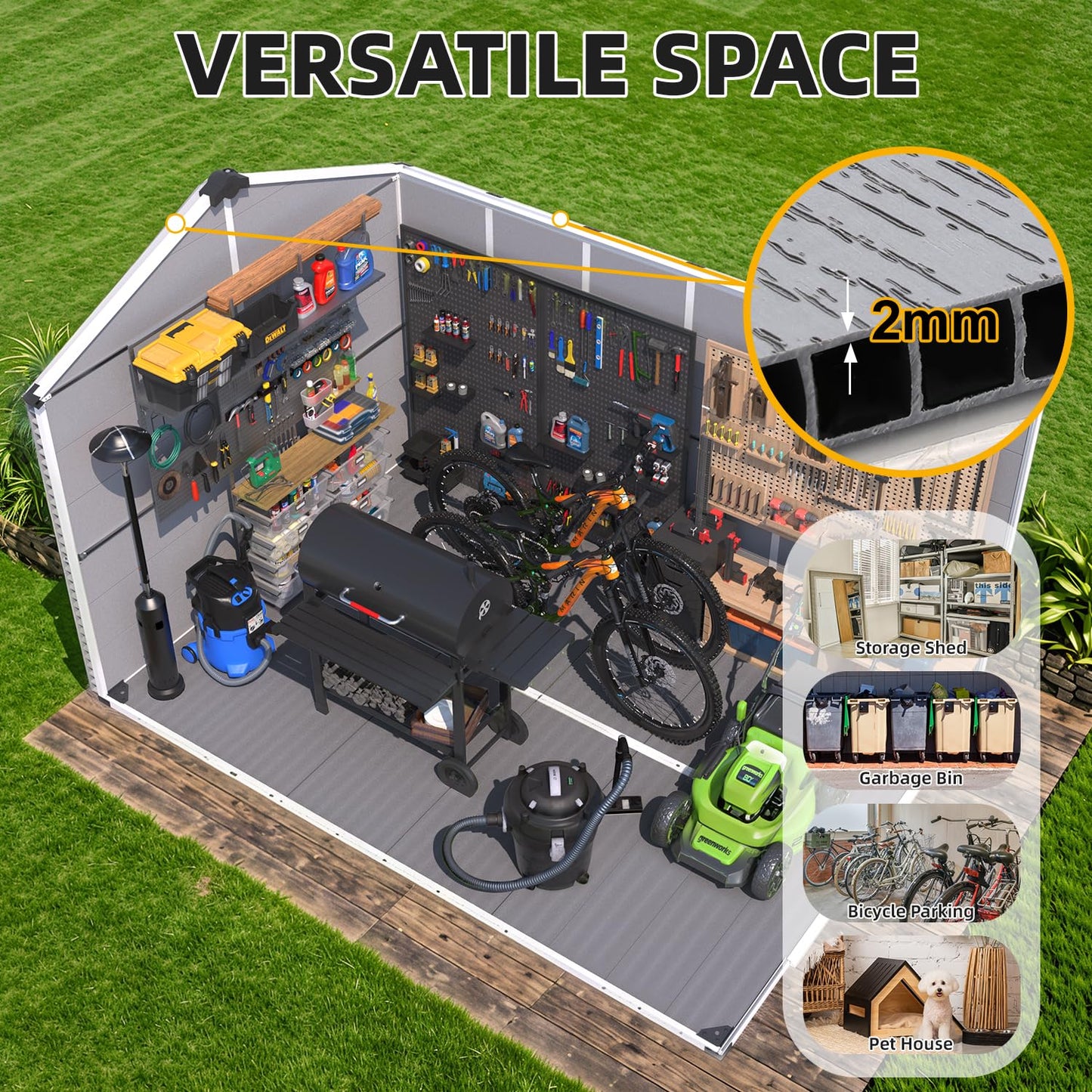 MELLCOM 8 x 12 FT Plastic Outdoor Storage Shed with Floor, Outdoor Resin Storage Tool Shed with Windows and Lockable Door, Resin Garden Shed for Lawnmower, Bike, Garbage Can