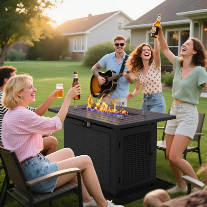 FansaFurn 43” Outdoor Propane Fire Table Set with Heavy-Duty Glass Stones, Glass Wind Guard, Lid & Water-Resistant Cover, 50,000 BTU Metal Fire Pit Table, Rectangle Fire Pit Table for Patio, Deck