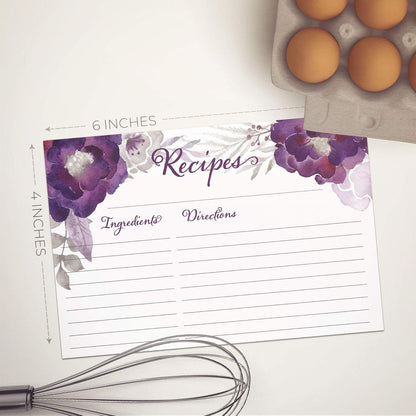 Floral Recipe Cards from Dashleigh, 48 Double-Sided Water-Resistant Cards, 4x6 inches (Violet Purple)
